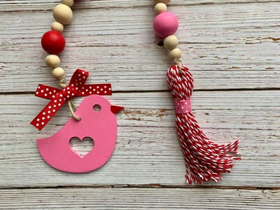 Valentine’s Wood Bead Garland, Love Bird Valentine tiered tray decor, Farmhouse bead garland with tassel, customizable tag color - image3